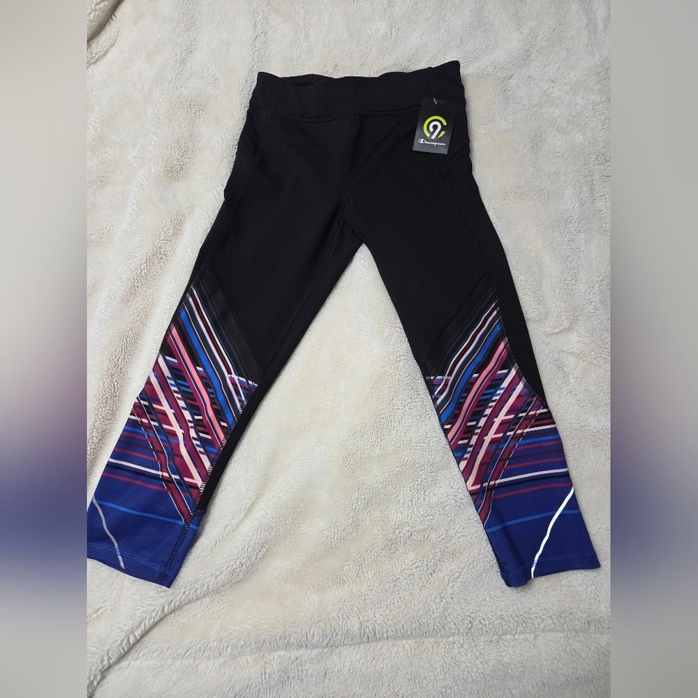 Champion Black Leggings with Blue and Purple Stripes In Size Small